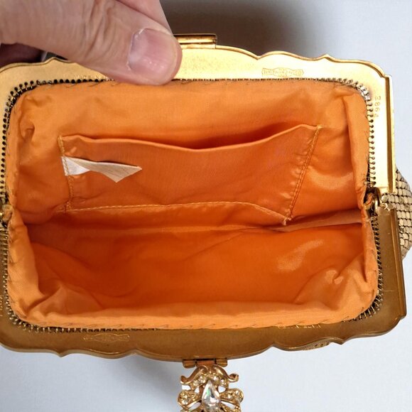 Whiting & Davis Gold Mesh Clutch Rhinestone Accent Vintage USA - Picture 3 of 13